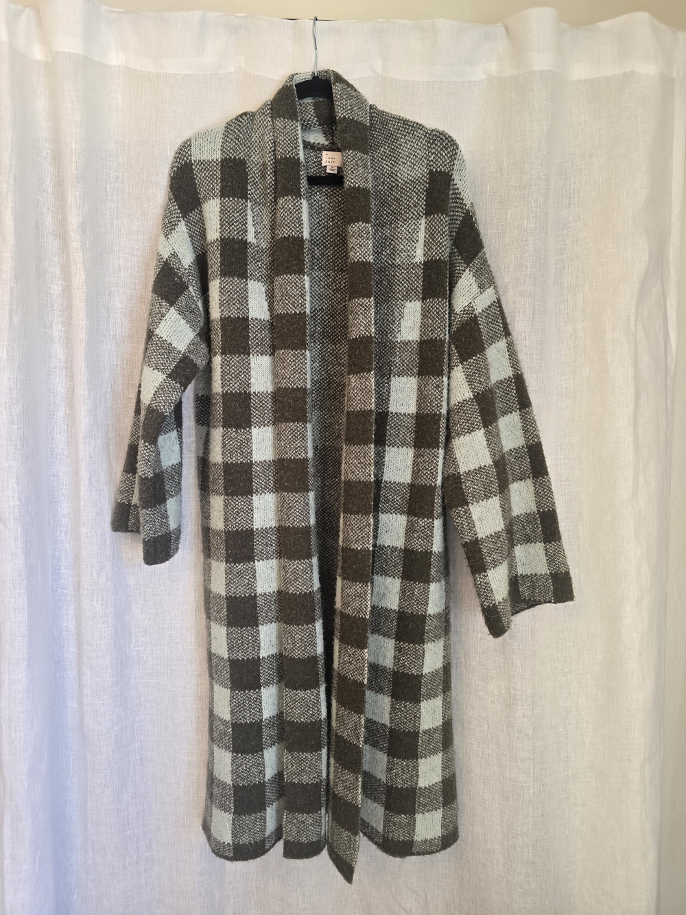 Plaid Open Front Long Cardigan in Dark Green And Baby Blue by A New Day